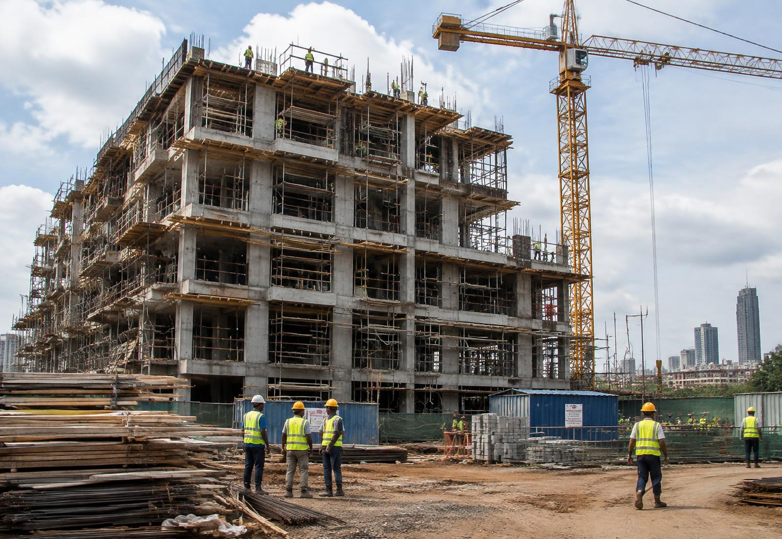 Apartment building under construction with a tower crane