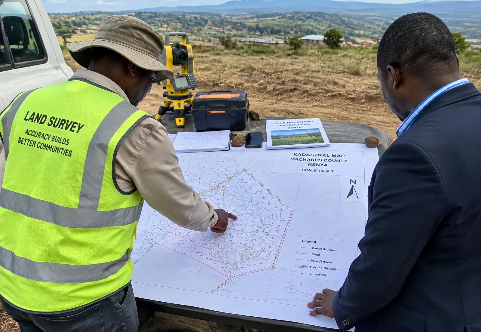 Surveyor reviewing a cadastral map with a client